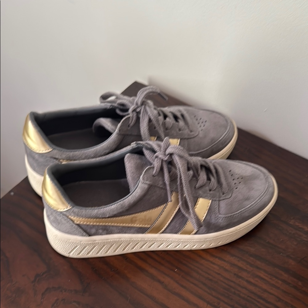 Gray and Gold Low-Top Sneakers with Metallic Accents